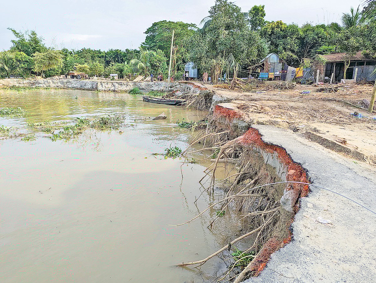 শরীয়তপুরের জাজিরায় নির্মাণাধীন পদ্মা নদীর তীর রক্ষা বাঁধের দুই কিলোমিটার অংশ বিলীন হয়ে গেছে। ভেঙে যাচ্ছে বাঁধের পাশে থাকা সড়ক। গত সোমবার উপজেলার পৈলান মোল্যাকান্দি এলাকায়