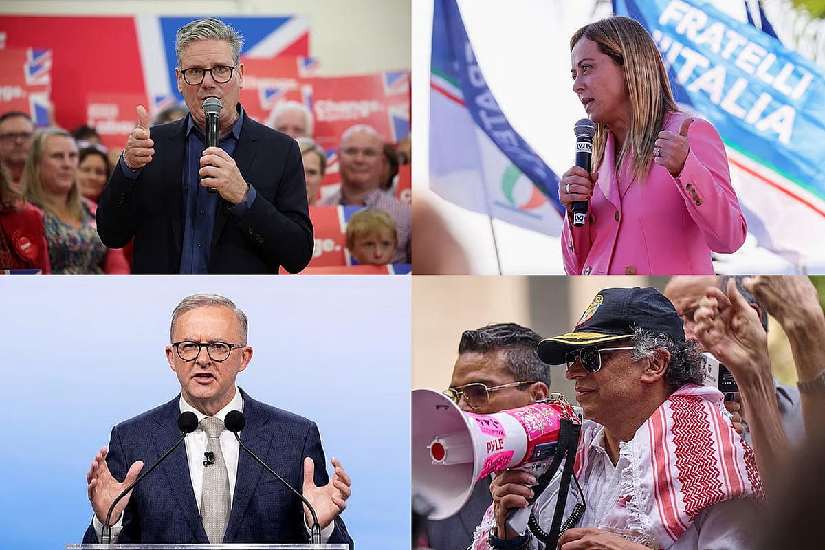 যুক্তরাজ্যের প্রধানমন্ত্রী কিয়ার স্টারমার, ইতালির প্রধানমন্ত্রী জর্জিয়া মেলোনি, অস্ট্রেলিয়ার প্রধানমন্ত্রী অ্যান্থনি আলবানিজ এবং কলম্বিয়ার প্রেসিডেন্ট গুস্তাভো পেত্রো (ওপরে বাঁ থেকে)
