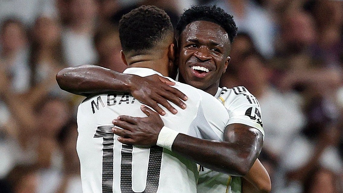 গোলের পর এমবাপ্পে–ভিনিসিয়ুসের উদ্‌যাপন