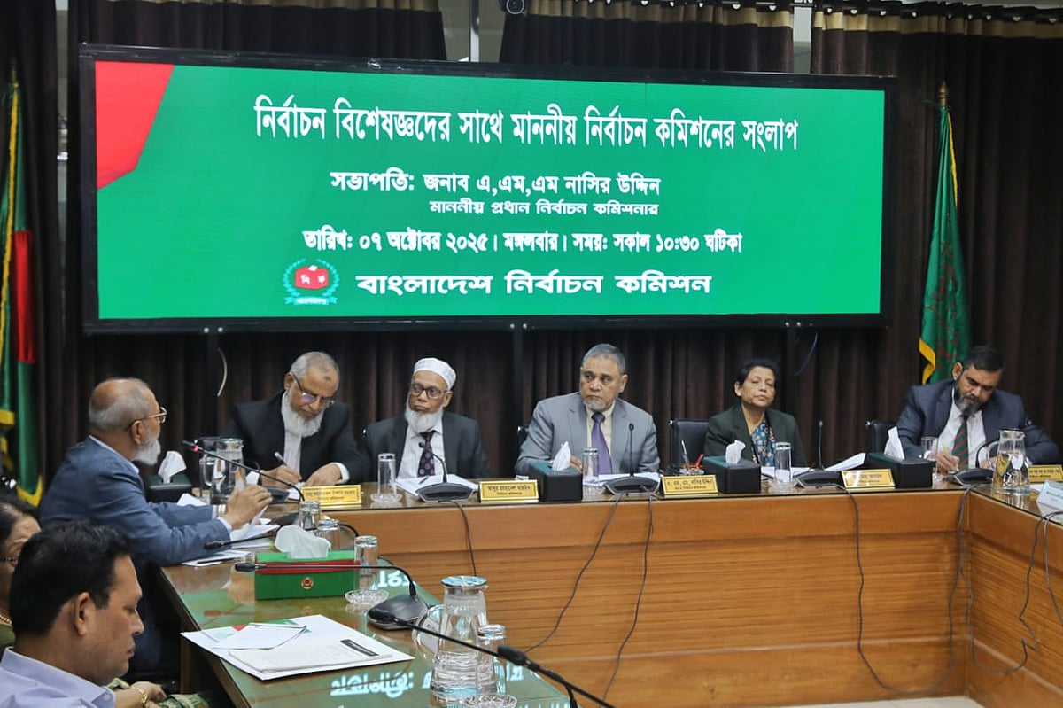 আগারগাঁওয়ে নির্বাচন ভবনে নির্বাচন বিশেষজ্ঞদের সঙ্গে নির্বাচন কমিশনের সংলাপে সূচনা বক্তব্য দেন সিইসি এ এম এম নাসির উদ্দীন