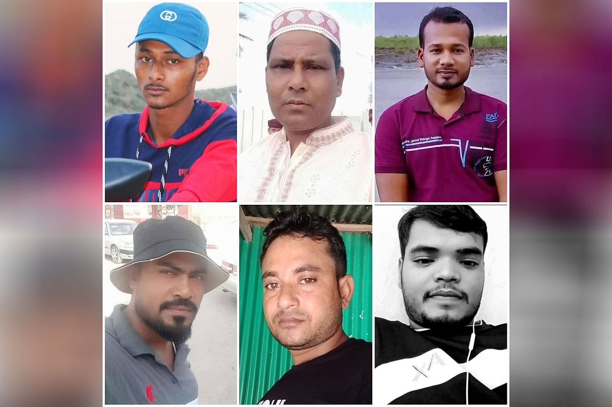 ওমানে সড়ক দুর্ঘটনায় নিহত ওপরে বাঁ থেকে মো. জুয়েল, আমিন মাঝি ও মো. সাহাবুদ্দিন।  নিচে বাঁ থেকে মো. রনি, মো .বাবলু ও মো. রকি