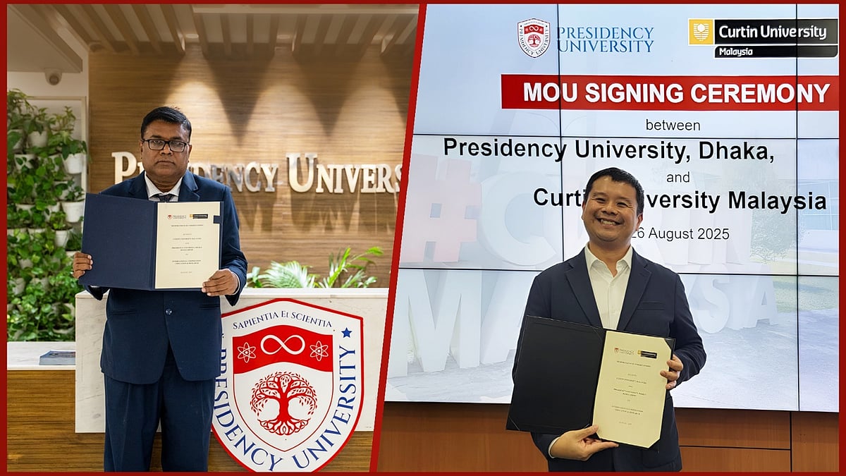 কার্টিন ইউনিভার্সিটি মালয়েশিয়ার পক্ষে ভিনসেন্ট লি এবং প্রেসিডেন্সি ইউনিভার্সিটির পক্ষে আনোয়ারুল কবির সমঝোতা স্মারকে স্বাক্ষর করেন