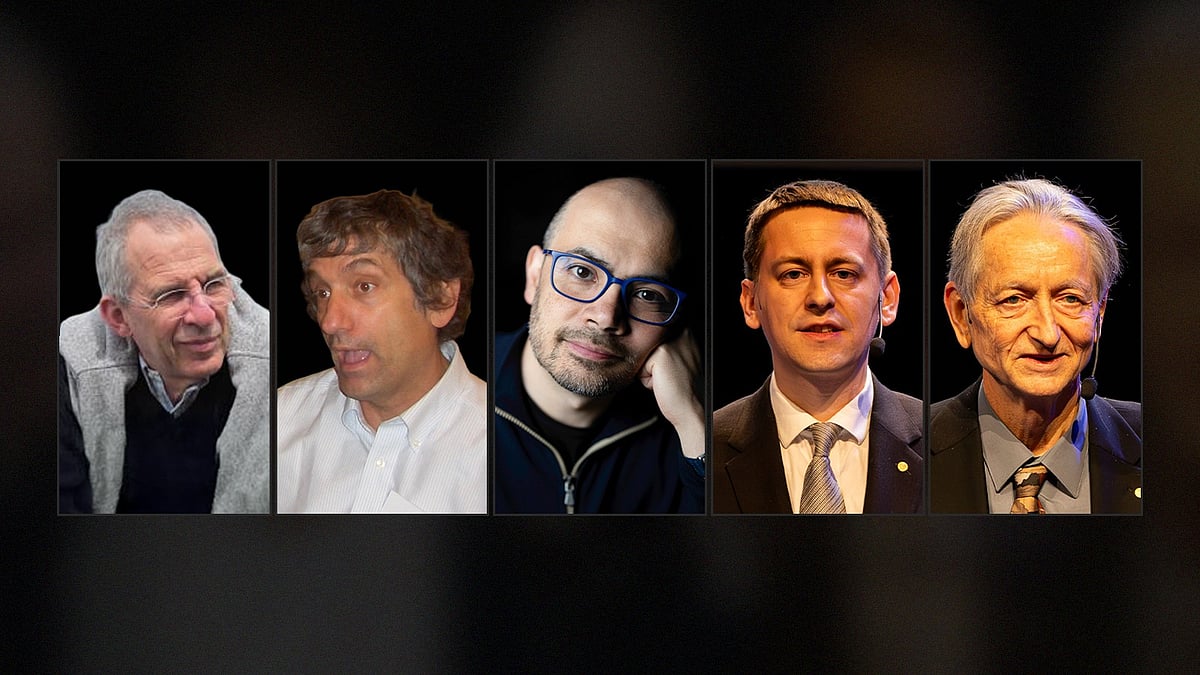 গুগলের সঙ্গে যুক্ত নোবেলজয়ীরা। বাঁ থেকে মিশেল এইচ ডেভোরেট, জন এম মার্টিনিস, ডেমিস হাসাবিস, জন জাম্পার এবং জিওফ্রে হিন্টন।