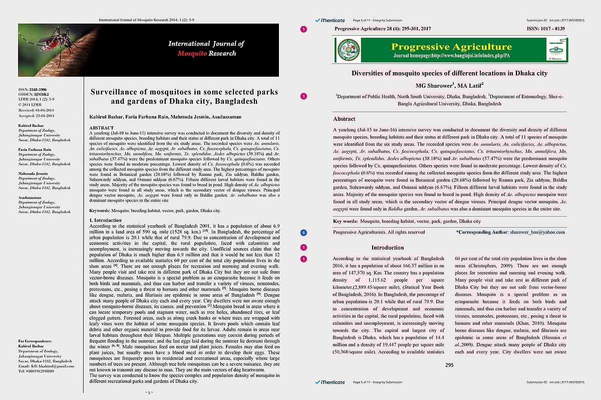 অধ্যাপক কবিরুল বাশারের প্রকৃত গবেষণা (বামে) আর দুজনের নামে পরে প্রকাশিত সেই গবেষণাপত্রের কপি।