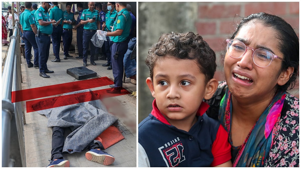 টাইলসের ফুটপাতে পড়ে আছে আবুল কালামের নিথর রক্তাক্ত দেহ। তাঁকে হারিয়ে স্ত্রীর কান্না। তাঁর শিশুসন্তান বুঝতেই পারছে না কী সে হারিয়েছে। ২৬ অক্টোবর ২০২৫, রাজধানী ঢাকা।