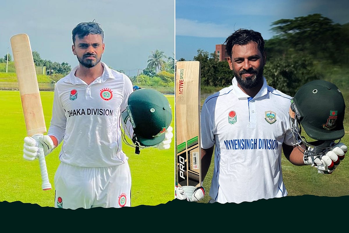 জাতীয় ক্রিকেট লিগে সেঞ্চুরি পেয়েছেন  ঢাকা বিভাগের মাহিদুল ইসলাম (বাঁয়ে) ও ময়মনসিংহ বিভাগের আবদুল মজিদ