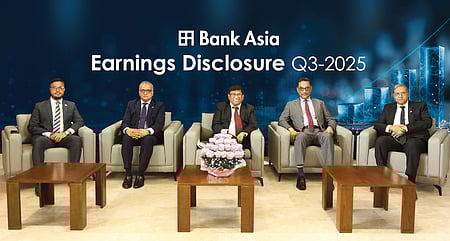 চলতি বছরের তৃতীয় প্রান্তিকের আর্থিক প্রতিবেদন প্রকাশ অনুষ্ঠানে উপস্থিত ব্যাংক এশিয়ার ব্যবস্থাপনা পরিচালক (এমডি) সোহেল আর কে হোসেন, অতিরিক্ত ব্যবস্থাপনা পরিচালক (এএমডি) এ এন এম মাহফুজ, নূরুল্লাহ চৌধুরীসহ অতিথিরা