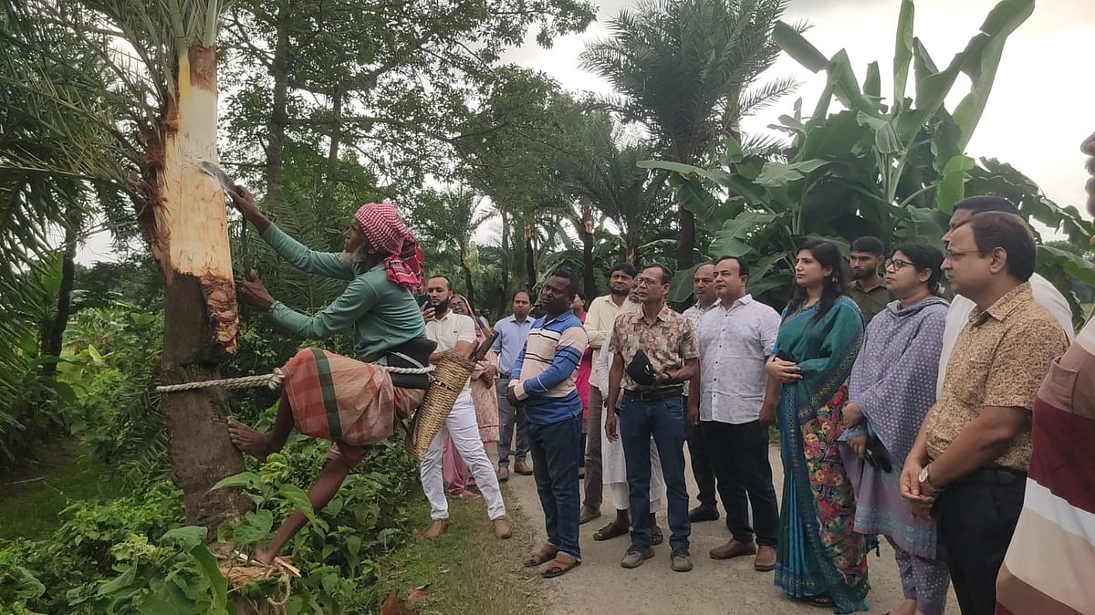 যশোরের জিআই পণ্য খেজুর গুড় তৈরির রস সংগ্রহের জন্য গাছ প্রস্তুত করার আনুষ্ঠানিক উদ্বোধন করা হয়েছে। আজ রোববার দুপুরে চৌগাছা উপজেলার হায়াতপুর গ্রামে