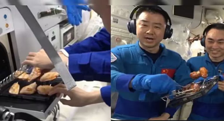 শেনঝু ২১ মহাকাশ যানে নভোচারীরা চিকেন উইংস রান্না করছেন