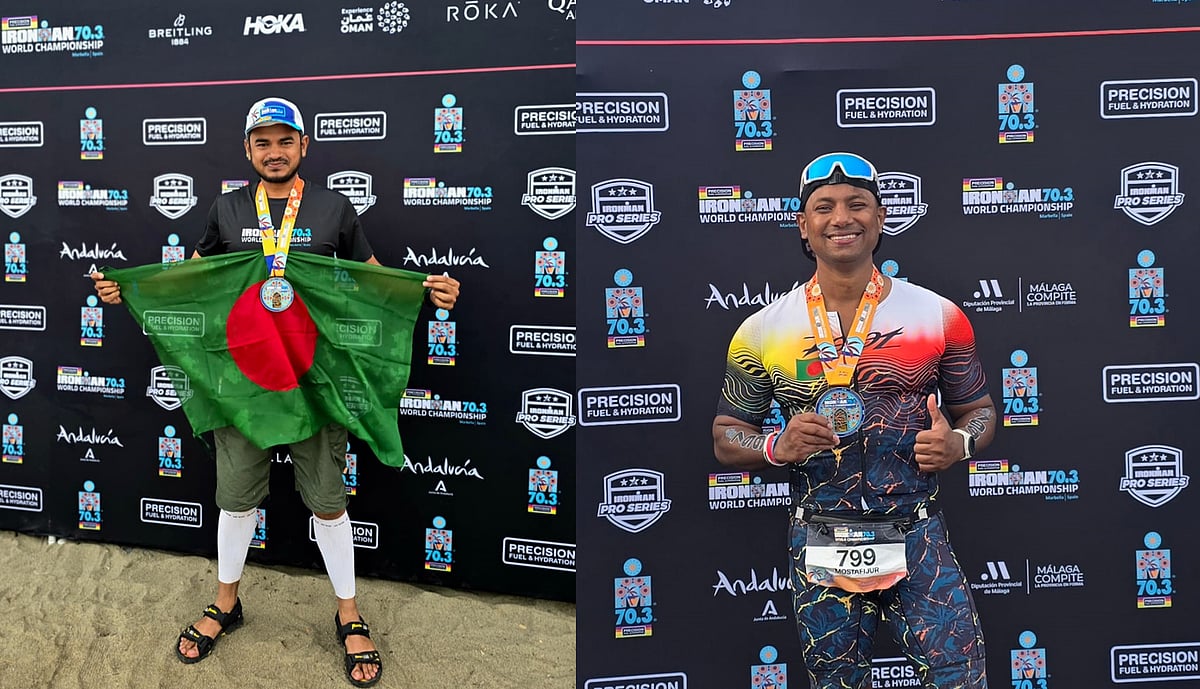 আয়রনম্যান ৭০.৩ বিশ্ব চ্যাম্পিয়নশিপে সফল দুই বাংলাদেশি (বাম থেকে) ইমতিয়াজ ও মোস্তাফিজ