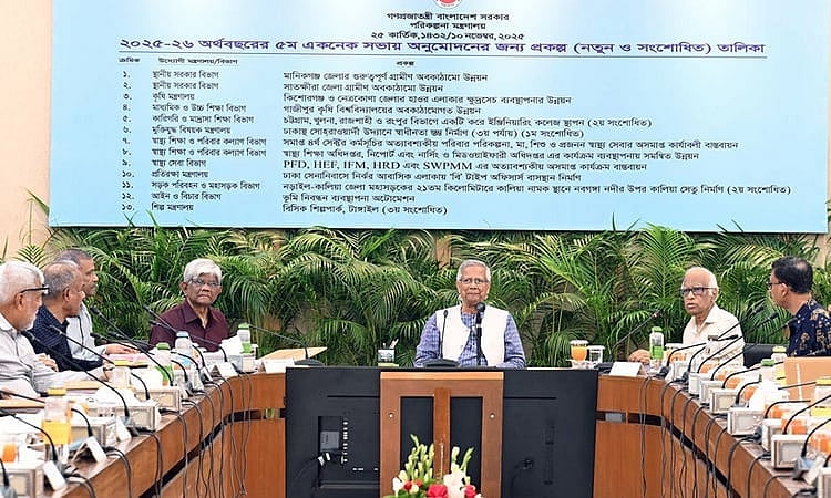 প্রধান উপদেষ্টা অধ্যাপক ড. মুহাম্মদ ইউনূস সোমবার এনইসি সম্মেলনকক্ষে অনুষ্ঠিত একনেক সভায় সভাপতিত্ব করেন