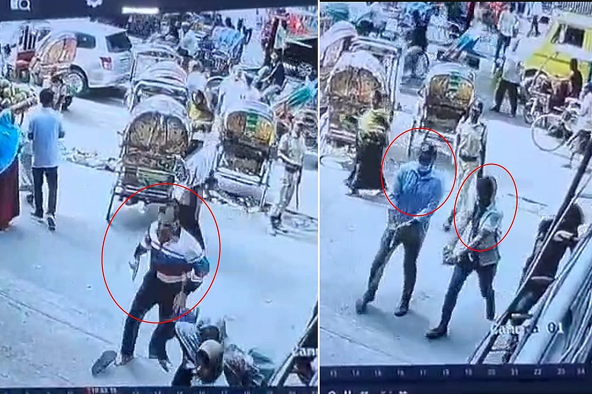 সিসিটিভির ফুটেজে দেখা যায়, তারিক সাইফ মামুন দৌড়ে পালানোর চেষ্টা করছেন (বাঁয়ে)। দুই ব্যক্তি খুব কাছে থেকে তাঁকে গুলি করছেন (ডানে)