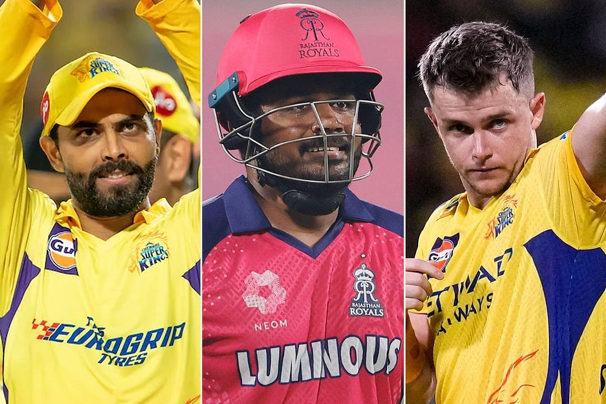 রবীন্দ্র জাদেজা, সঞ্জু স্যামসন ও স্যাম কারেন (বাঁ থেকে)