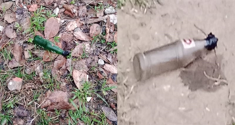 গাজীপুরের কালীগঞ্জে গ্রামীণ টেলিকম ট্রাস্টের নিসর্গ রিসোর্টে ভেতর থেকে উদ্ধারকৃত দুই পেট্রলবোমা। আজ বুধবার সকালে নাগরী ইউনিয়নের কালীবাড়ি এলাকায়