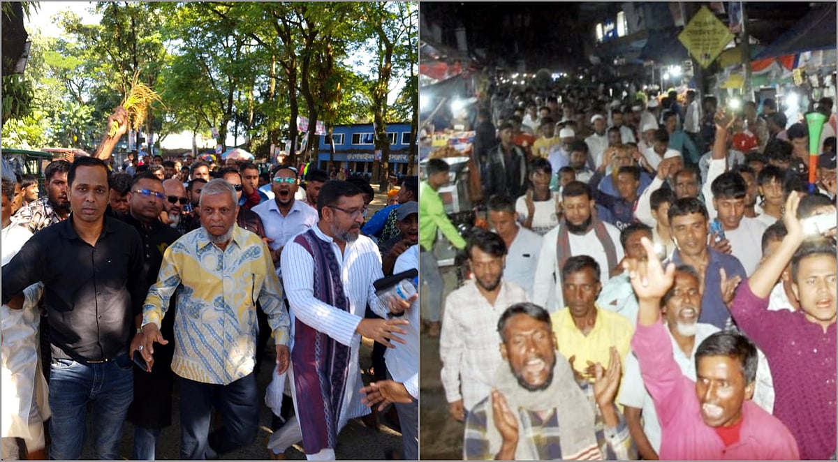 শনিবার বেলা সাড়ে ১১টায় গোয়াইনঘাটে গণসংযোগ করেন আরিফুল হক চৌধুরী। প্রতিক্রিয়ায় সন্ধ্যায় উপজেলা সদরে মিছিল করেন আবদুল হাকিম চৌধুরীর সমর্থকেরা (ডানে)