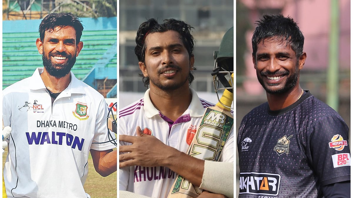 ১০ হাজার রানের মাইলফলক ছুঁয়েছেন মার্শাল আইয়ুব (বাঁয়ে), ক্যারিয়ার সর্বোচ্চ ইনিংস খেলেছেন সৌম্য সরকার (মাঝে) ও ৬ হাজার রান ও ৩০০ উইকেটের ‘ডাবল’ পেয়েছেন শুভাগত হোম