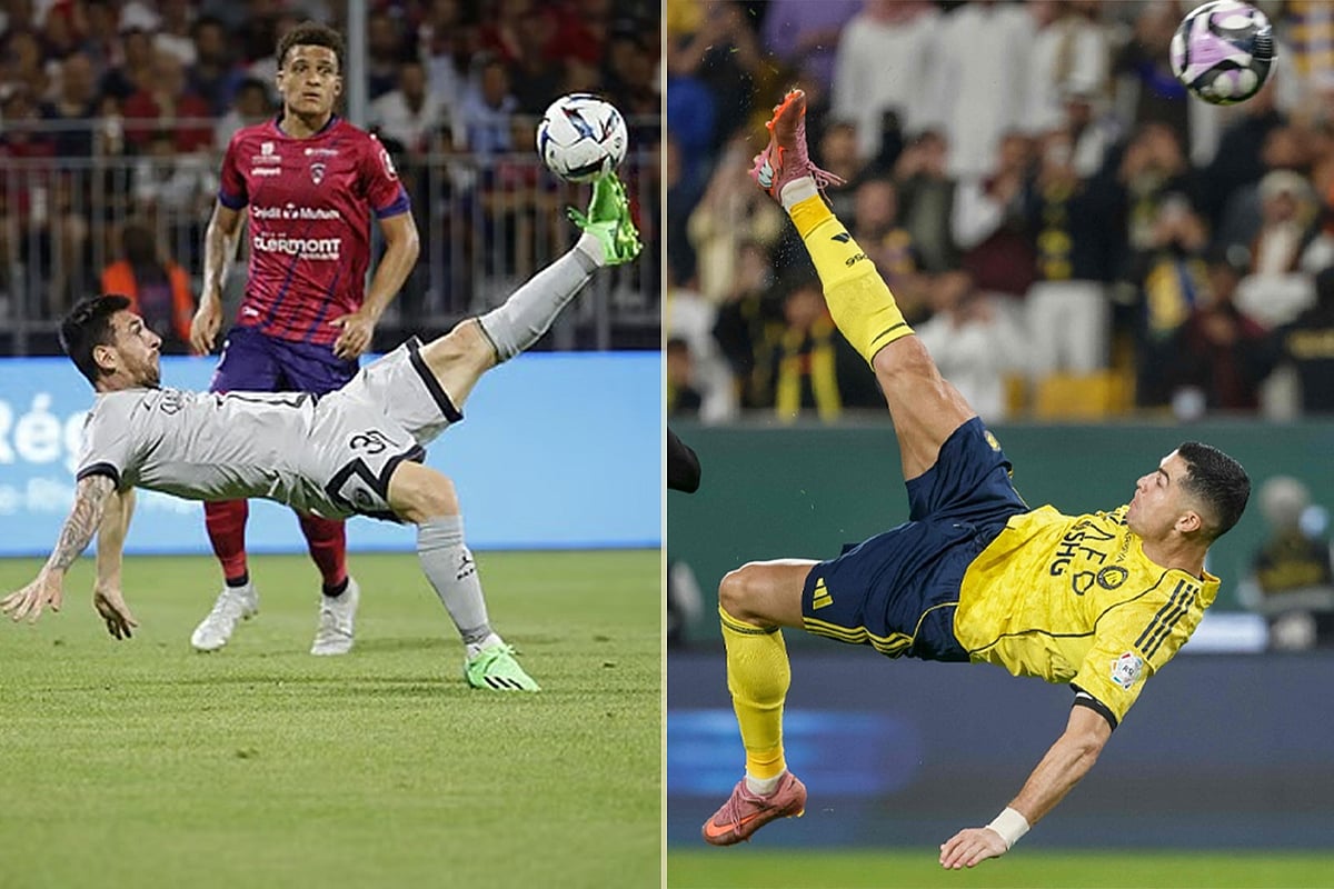 বাইসাইকেল কিকে গোল করছেন মেসি ও রোনালদো