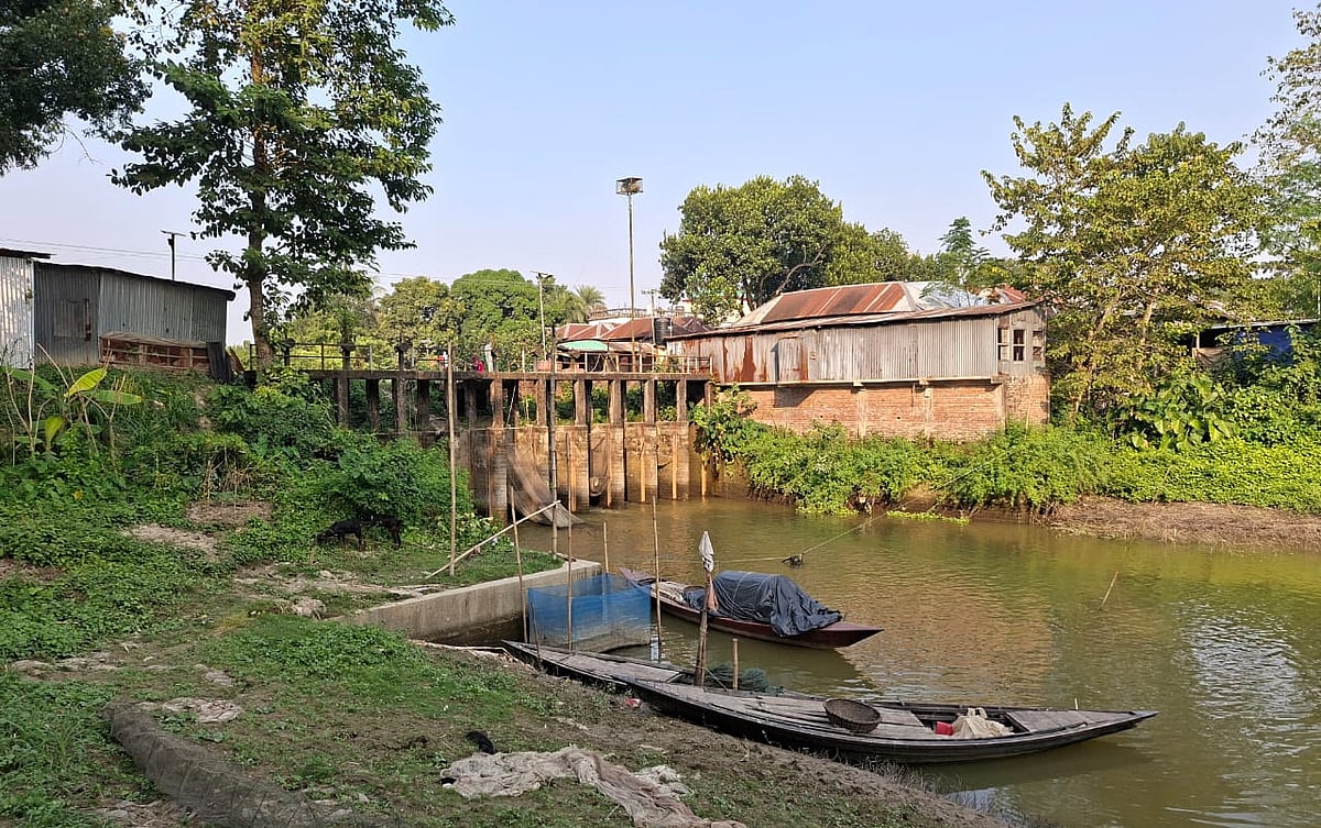 রাজবাড়ী জেলার বালিয়াকান্দি উপজেলায় চত্রা নদী। নদী দখল তৈরি করা হয়েছে টিনের ঘর।