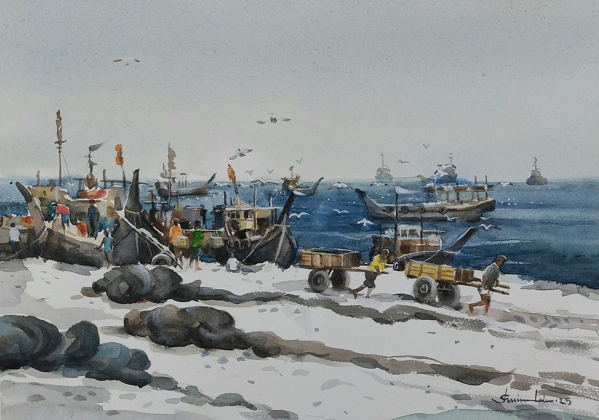 ‘জেলেদের ব্যস্ত সকাল’। শিল্পী শারমিন আকতার লিনা