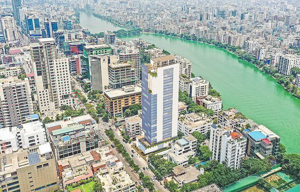 রাজধানীর গুলশানে বাণিজ্যিক এলাকায় আমিন মোহাম্মদের নির্মাণাধীন ভবনের গ্রাফিকস