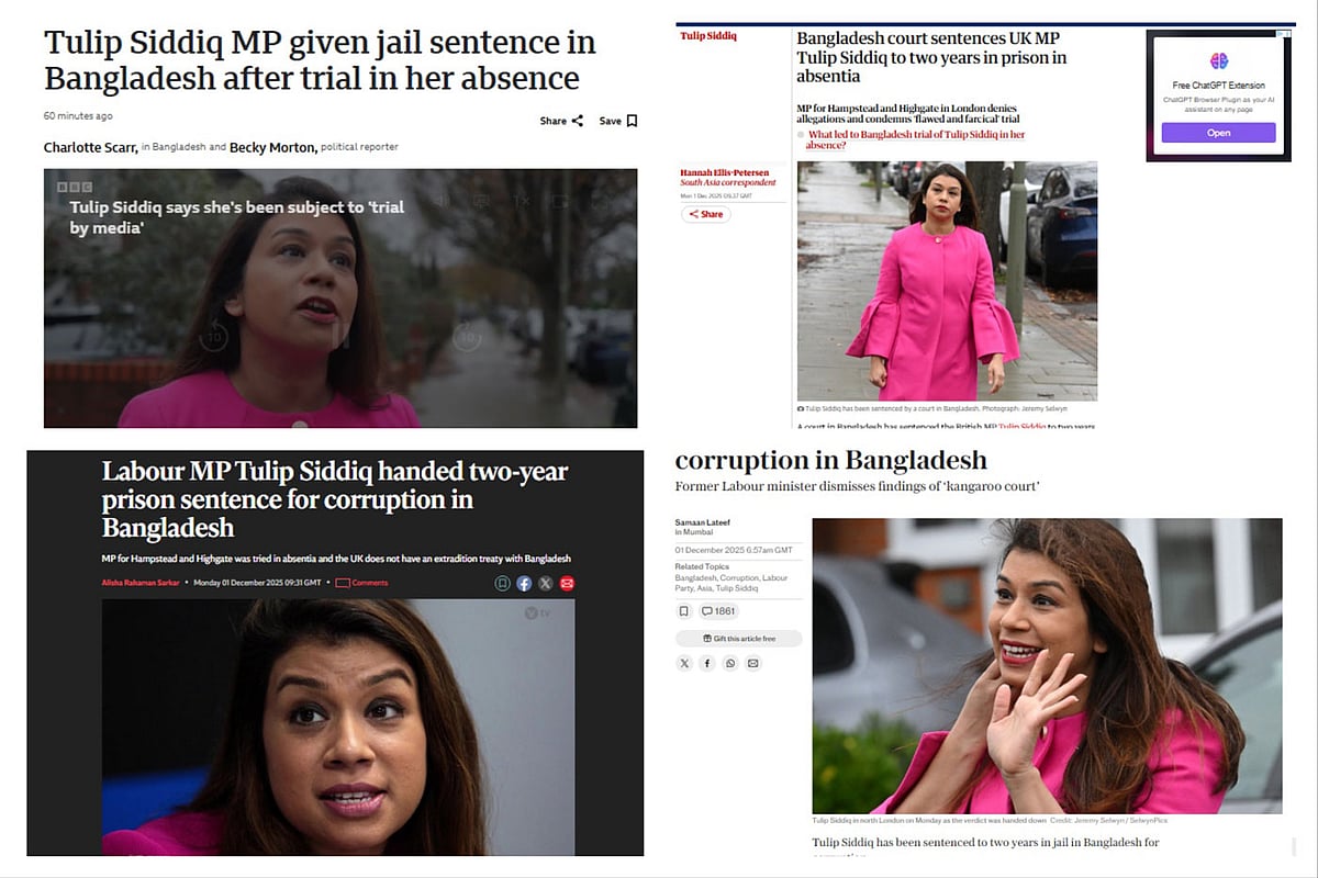 বাংলাদেশের আদালতে টিউলিপ সিদ্দিকের কারাদণ্ডের রায় নিয়ে গুরুত্ব দিয়ে সংবাদ প্রকাশ করেছে যুক্তরাজ্যের শীর্ষস্থানীয় সংবাদমাধ্যমগুলো