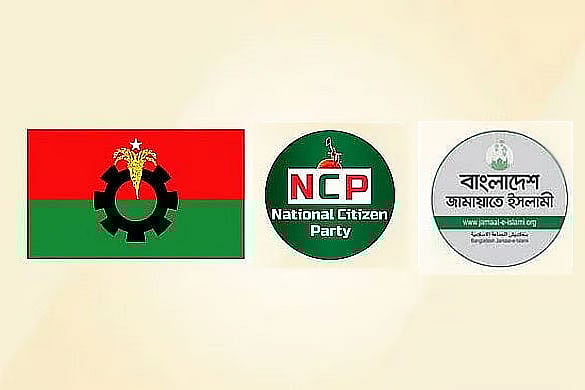 বিএনপি, এনসিপি, জামায়াত (বাঁ থেকে)