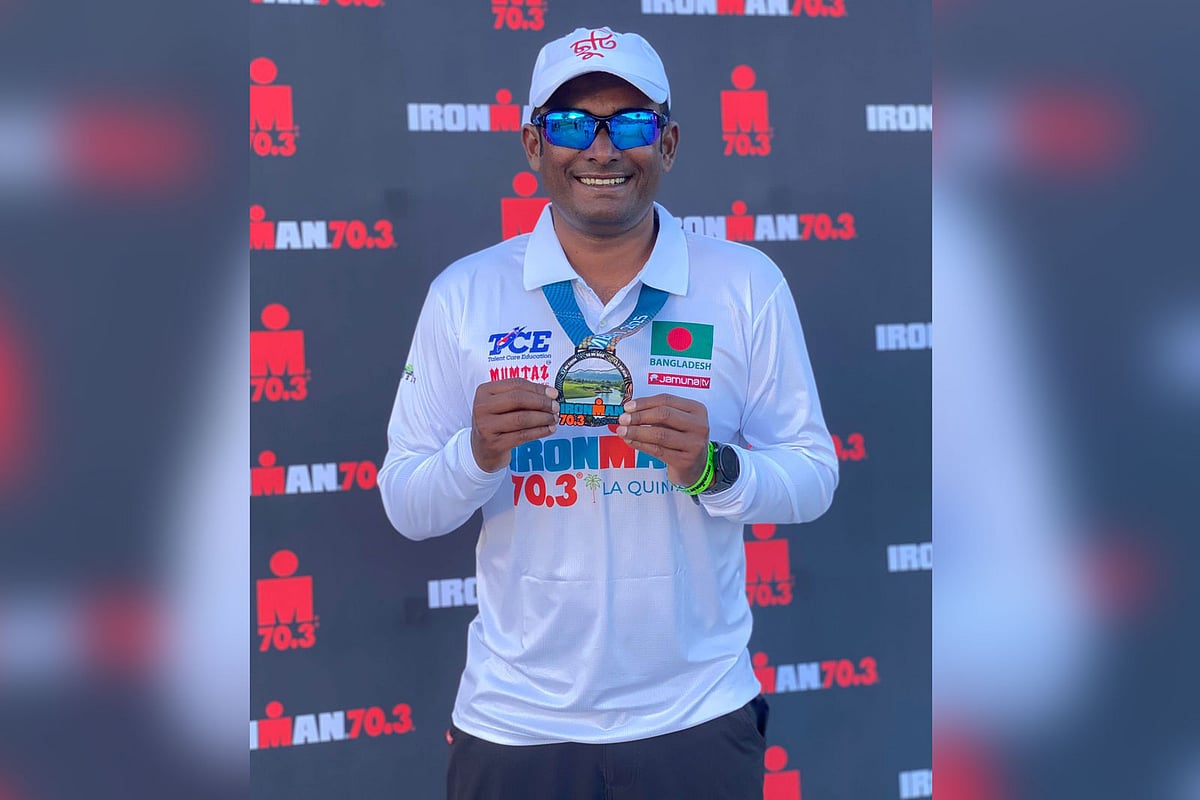 আয়রনম্যান ৭০ দশমিক ৩ সম্পন্ন করার পর মো. আল আমিন মিয়া, আজ যুক্তরাষ্ট্রের লা কুইন্টায়