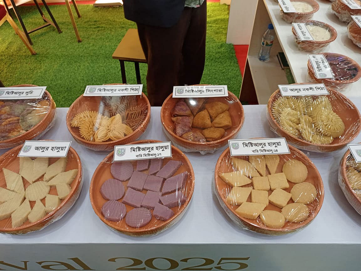 আলু উৎসবের একটি স্টলে আলু দিয়ে বানানো নানা পদের সমাহার