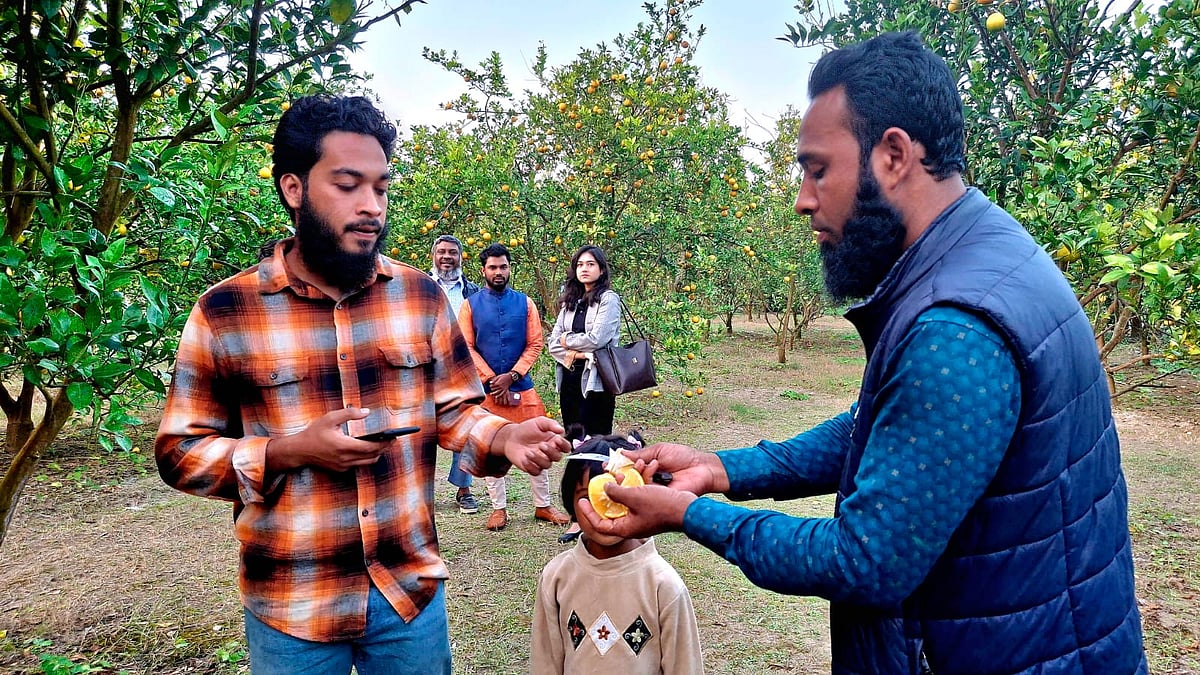 নিজের বাগানে দর্শনার্থীদের মাল্টা কেটে খাওয়াচ্ছেন হানিফ আলী মণ্ডল। গত শুক্রবার বিকেলে রাজশাহীর চারঘাট উপজেলার ফতেপুর গ্রামে