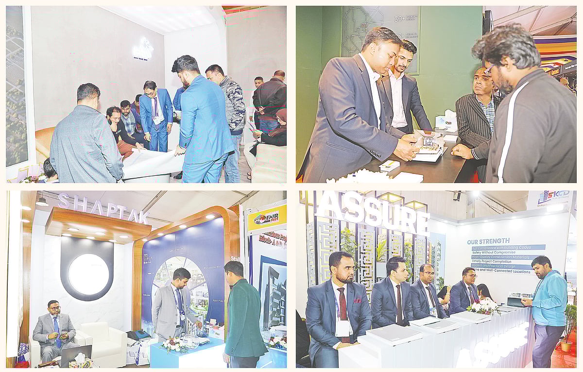 রিহ্যাবের আবাসন মেলায় (ঘড়ির কাঁটার দিকে) ইস্টার্ন হাউজিং, র‍্যাংগস প্রপার্টিজ, অ্যাসিউর গ্রুপ এবং সপ্তক গৃহায়ণে ফ্ল্যাটের খোঁজ করছেন ক্রেতারা। গতকাল বিকেলে বাংলাদেশ চীন-মৈত্রী সম্মেলন কেন্দ্রে