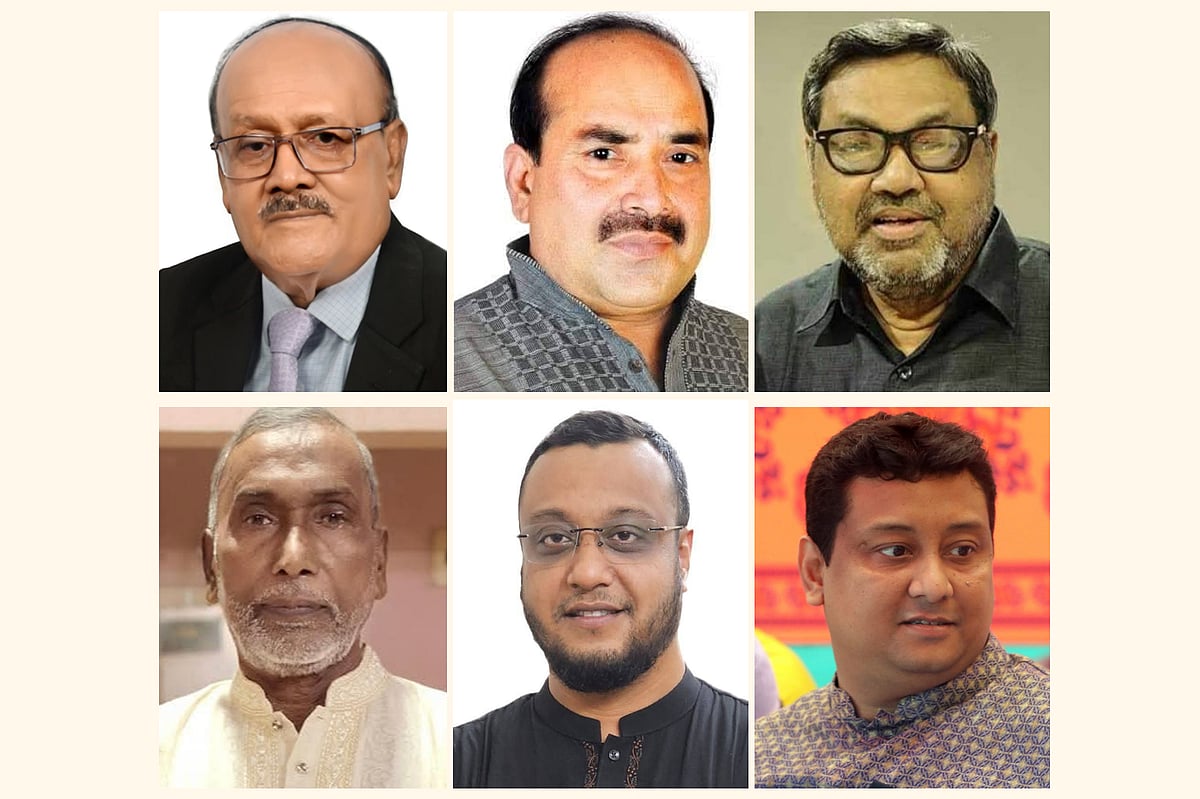 উপরে (বাঁ থেকে) বিএনপি নেতা ছালেক চৌধুরী, নজমুল হক সনি ও আলমগীর কবির এবং নিচে (বাঁ থেকে) নুরুল ইসলাম, মাহমুদুস সালেহীন ও পারভেজ আরেফিন সিদ্দিকী