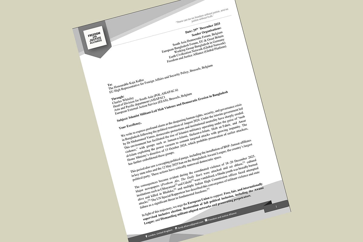 বাংলাদেশ পরিস্থিতি নিয়ে ইউরোপীয় ইউনিয়নের পররাষ্ট্রবিষয়ক প্রধান কাজা কালাসকে চিঠি পাঠিয়েছে ইউরোপভিত্তিক পাঁচটি সংগঠন