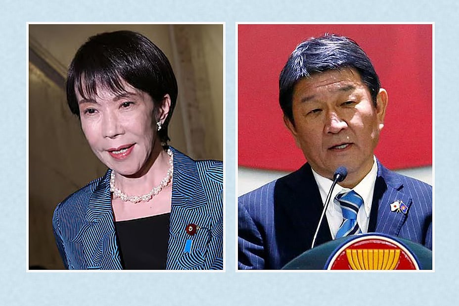 জাপানের প্রধানমন্ত্রী সানায়ে তাকাইচি (বাঁয়ে) ও পররাষ্ট্রমন্ত্রী তোশিমিৎসু মোতেগি