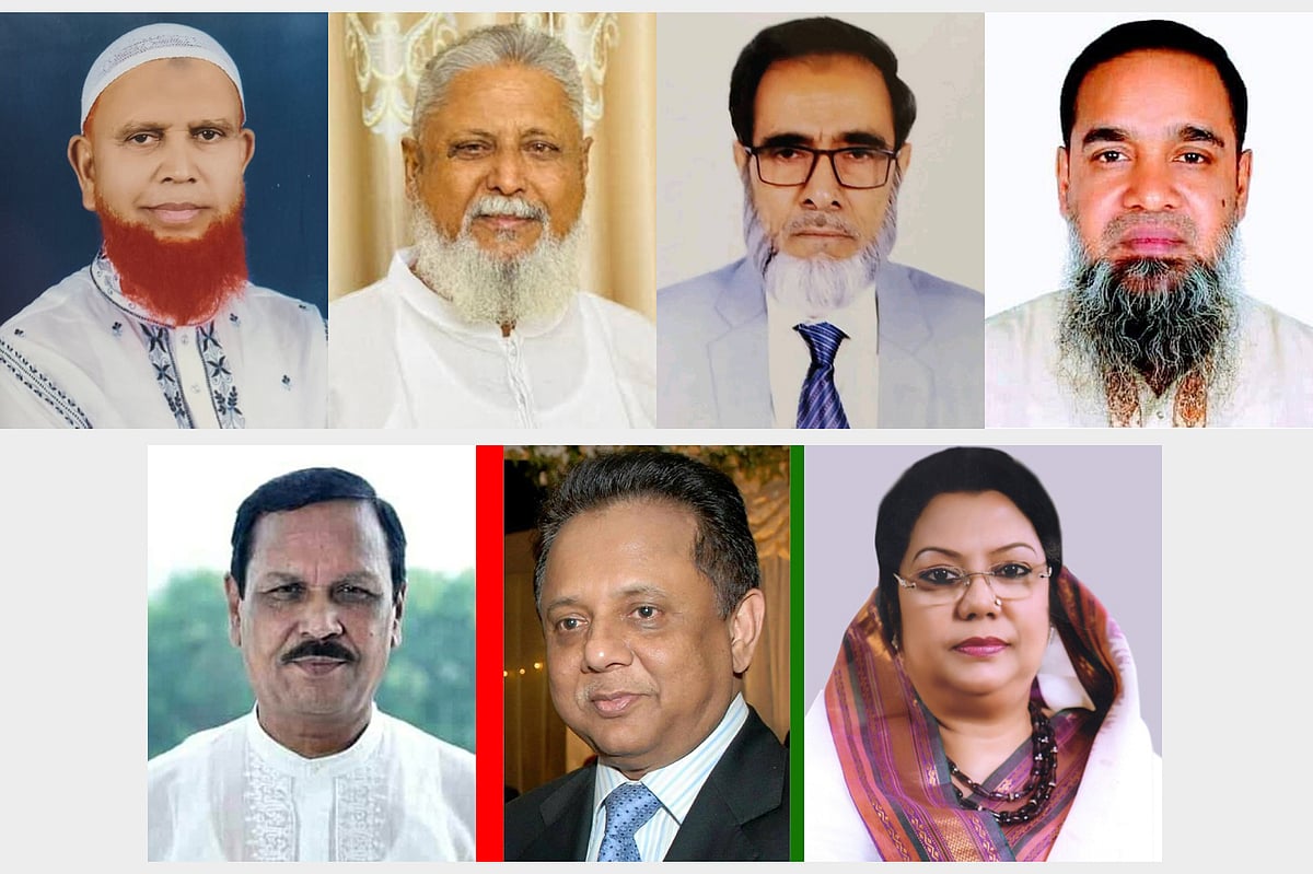 স্বতন্ত্র প্রার্থী হওয়া বিএনপি নেতা (ওপরে বাঁ থেকে) মো. আব্দুল হক, আবিদুর রহমান খান, আতাউর রহমান ও তোজাম্মেল হক এবং বিএনপির মনোনয়ন পাওয়া তিনজন হলেন (নিচে বাঁ থেকে) এস এ জিন্নাহ কবির, মঈনুর ইসলাম খান ও আফরোজা খানম রিতা