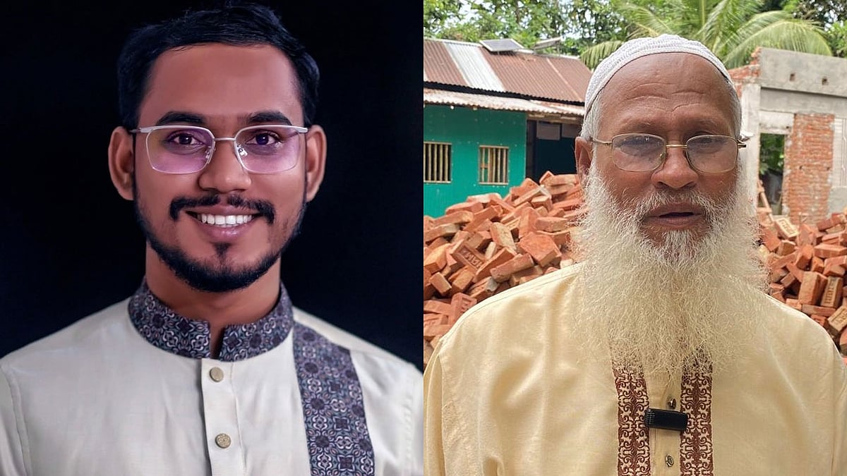 আবদুল হান্নান মাসউদ (বামে) ও তাঁর বাবা আমিরুল ইসলাম মো. আবদুল মালেক (ডানে)