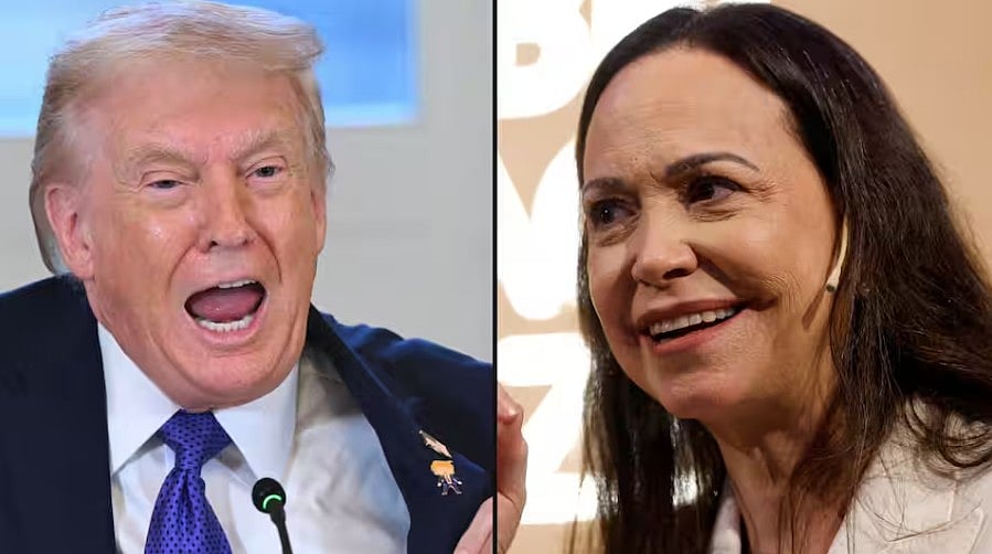 মার্কিন প্রেসিডেন্ট ডোনাল্ড ট্রাম্প এবং ভেনেজুয়েলার বিরোধী নেত্রী কোরিনা মাচাদো