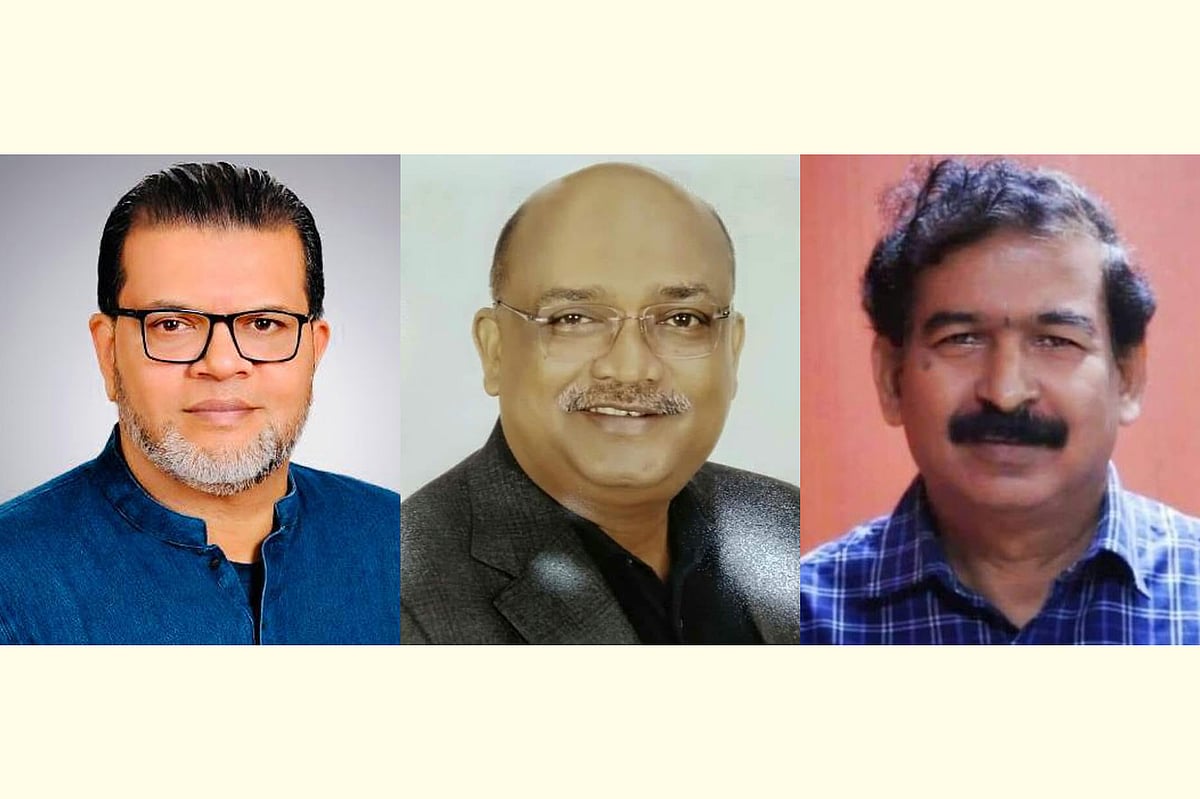 বাঁ থেকে সৈয়দ এহসানুল হুদা, শেখ মজিবুর রহমান ও হাসনাত কাইয়ুম