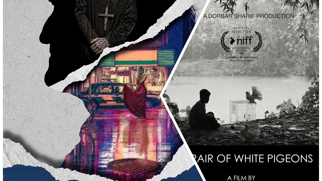 ‘দ্য পেয়ার অব হোয়াইট পিজন্স’ ও ‘মেমোরিস অ্যান্ড মিজারিস’–এর পোস্টার। কোলাজ