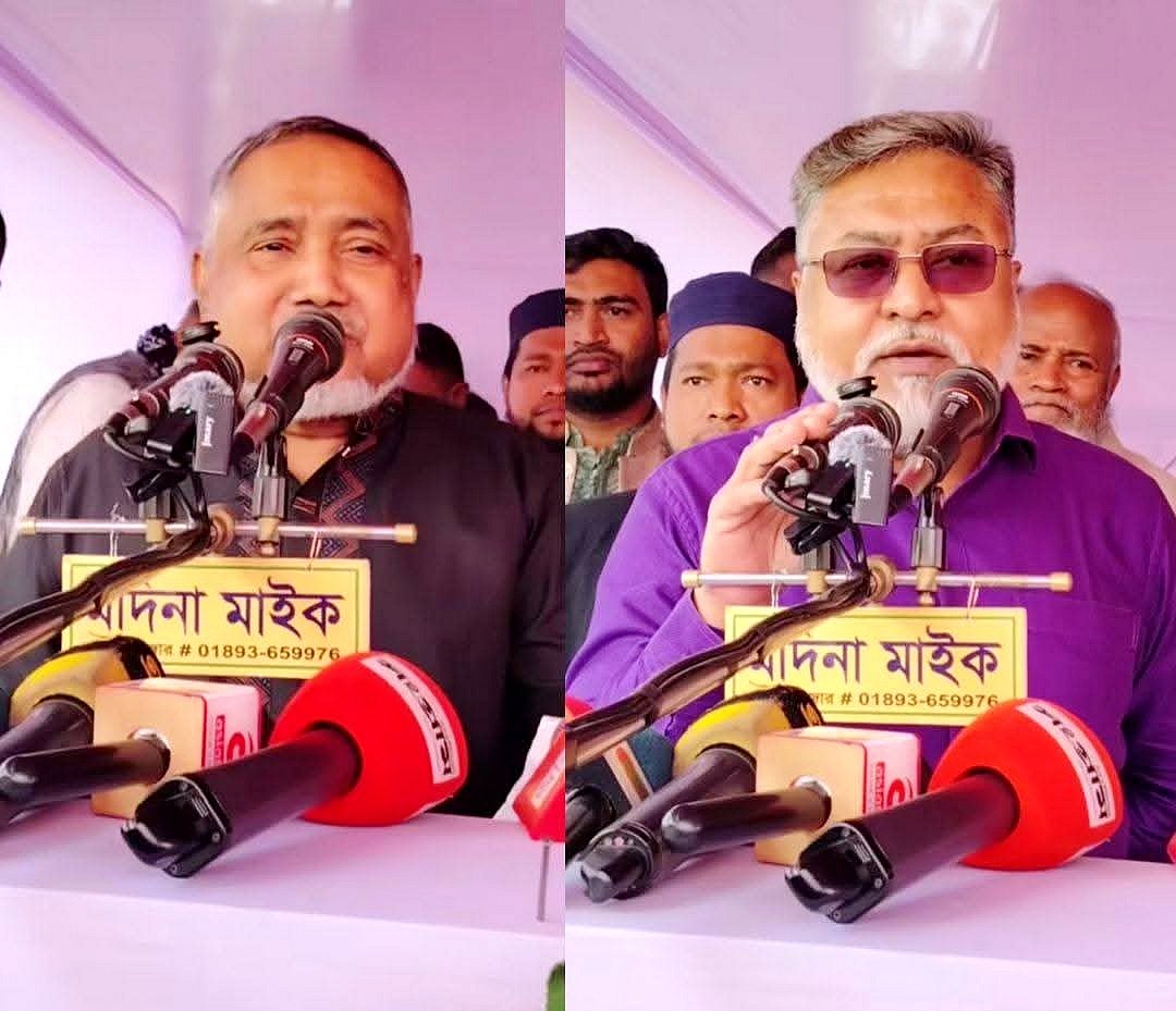 চৌদ্দগ্রামে জামায়াতের প্রার্থী সৈয়দ আবদুল্লাহ মোহাম্মদ তাহেরের নির্বাচনী সমাবেশে বক্তৃতা করেন কালিকাপুর ইউনিয়ন আওয়ামী লীগের সভাপতি সালাউদ্দিন আহমেদ মজুমদার (ডানে)।