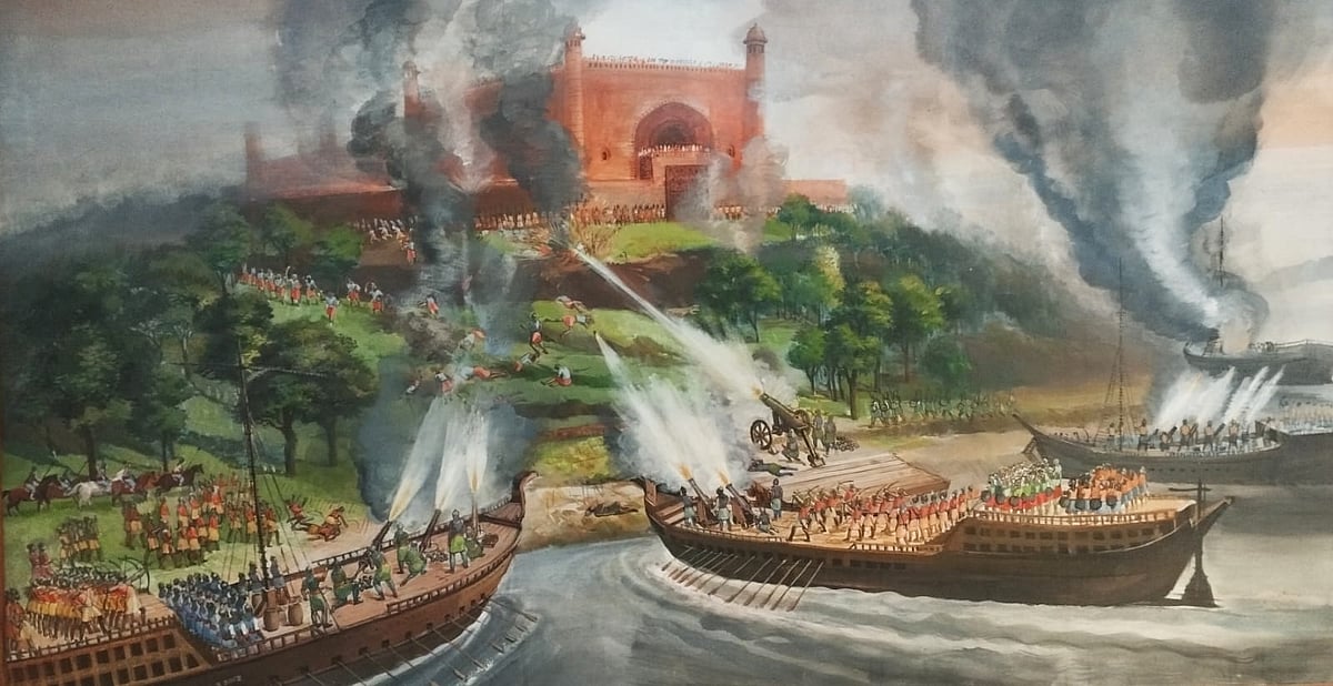 শিল্পীর আঁকা ছবিতে চট্টগ্রামে মুঘল আক্রমণ। শিল্পী আলপ্তগীন তুষারের আঁকা ছবিটি চট্টগ্রাম বিশ্ববিদ্যালয় জাদুঘরে সংরক্ষিত আছে।