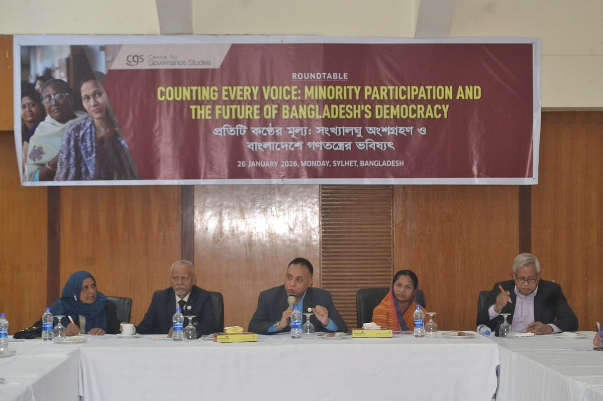 সেন্টার ফর গভর্ন্যান্স স্টাডিজ (সিজিএস) এর আয়োজনে ‘প্রতিটি কণ্ঠের মূল্য: সংখ্যালঘু অংশগ্রহণ ও বাংলাদেশের গণতন্ত্রের ভবিষ্যৎ’ শীর্ষক গোলটেবিল আলোচনা। সোমবার দুপুরে সিলেট নগরের মির্জাজাঙ্গাল এলাকার একটি হোটেলে