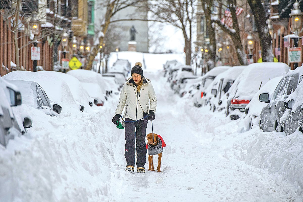 তুষারপাতে ঢেকে গেছে চারপাশ। এর মধ্যে দিয়ে পোষা কুকুর নিয়ে হেঁটে যাচ্ছেন এক নারী। গতকাল যুক্তরাষ্ট্রের ম্যাসাচুসেটস অঙ্গরাজ্যের বোস্টনে