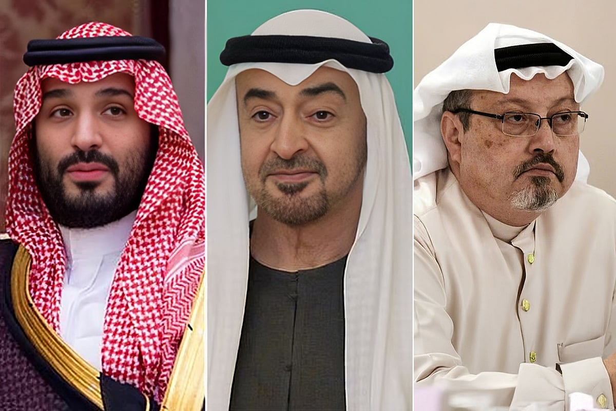 (বাঁ থেকে) সৌদি আরবের যুবরাজ মোহাম্মদ বিন সালমান, ইউএইর প্রেসিডেন্ট শেখ মোহাম্মদ বিন জায়েদ আল-নাহিয়ান ও প্রয়াত সৌদি সাংবাদিক জামাল খাসোগি