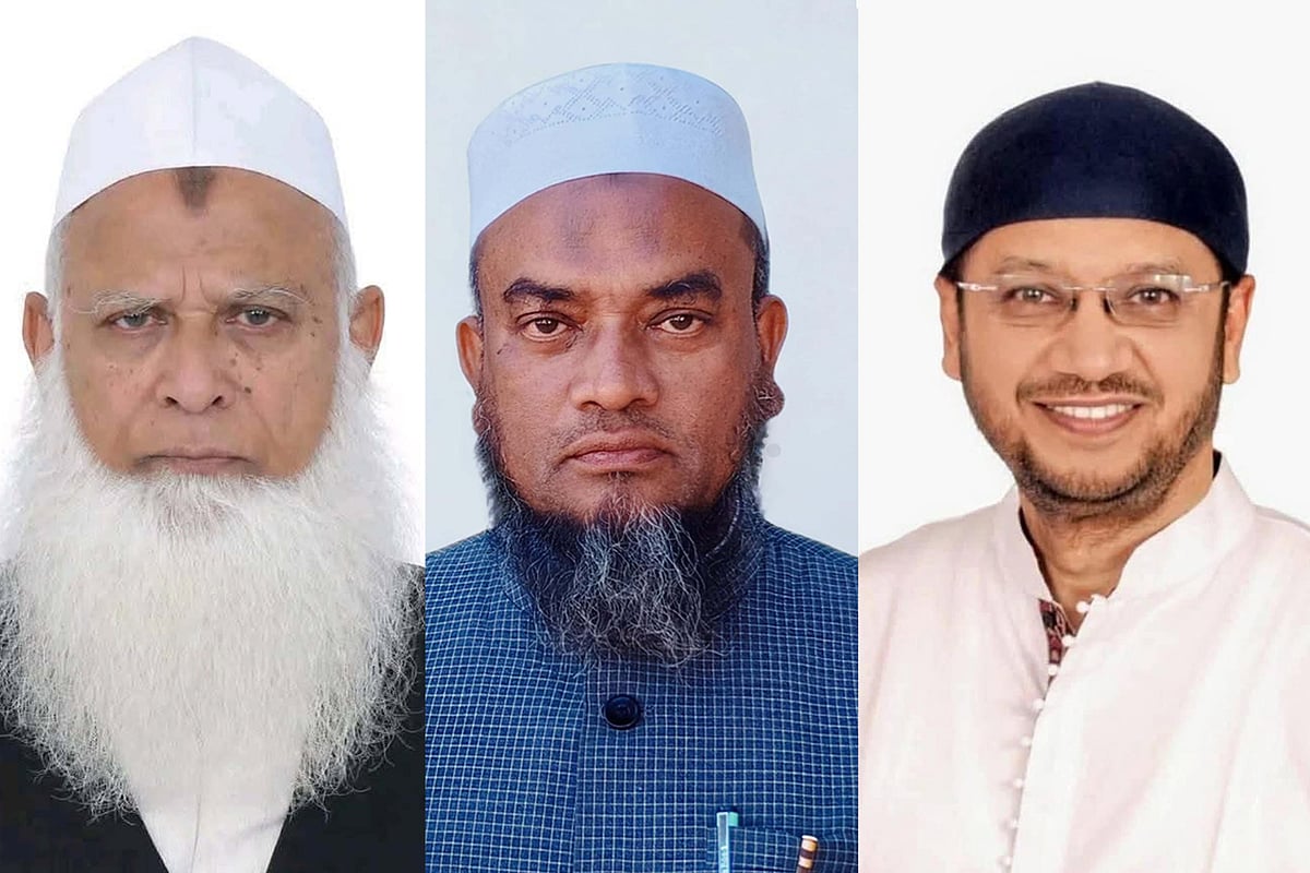 জমিয়তে উলামায়ে ইসলাম বাংলাদেশের কেন্দ্রীয় সভাপতি উবায়দুল্লাহ ফারুক, খেলাফত মজলিসের মোহাম্মদ আবুল হাসান ও বিএনপির বহিষ্কৃত নেতা মামুনুর রশীদ (বাঁ থেকে)
