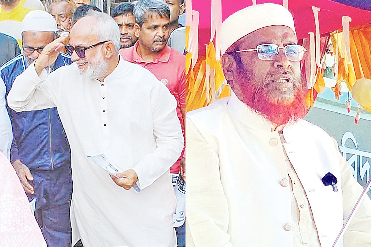 নির্বাচনী সমাবেশে নজরুল ইসলাম মঞ্জু (বাঁয়ে) ও মিয়া গোলাম পরওয়ার (ডানে)  