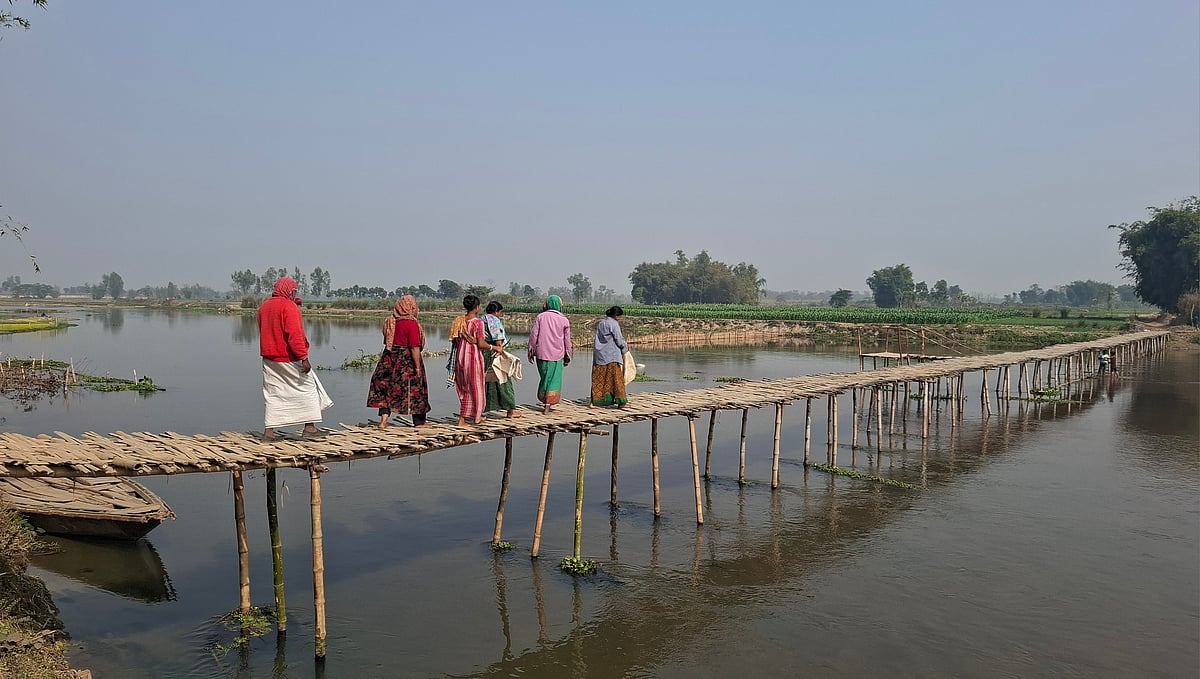 ঠাকুরগাঁও সদর উপজেলার মাতৃগাঁও এলাকার টাঙ্গন নদীর ওপর নড়বড়ে বাঁশের সাঁকো দিয়ে চলাচল করছেন কয়েক গ্রামের মানুষ