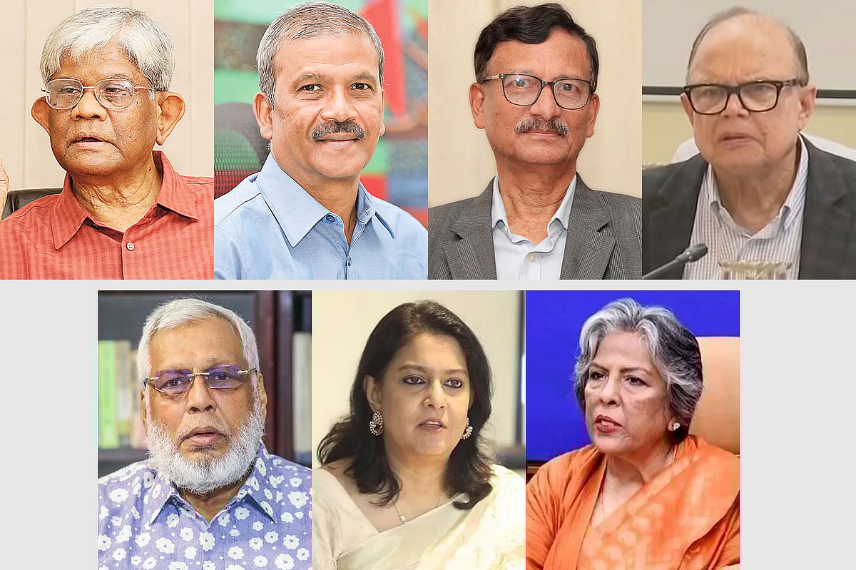 উপরে বাঁ থেকে অর্থ উপদেষ্টা সালেহউদ্দিন আহমেদ, আইন উপদেষ্টা আসিফ নজরুল, পররাষ্ট্র উপদেষ্টা মো. তৌহিদ হোসেন ও খাদ্য ও ভূমি উপদেষ্টা আলী ইমাম মজুমদার; নিচে বাঁ থেকে জ্বালানি উপদেষ্টা মুহাম্মদ ফাওজুল কবির খান, পরিবেশ উপদেষ্টা সৈয়দা রিজওয়ানা হাসান ও সমাজকল্যাণ উপদেষ্টা শারমীন এস মুরশিদ