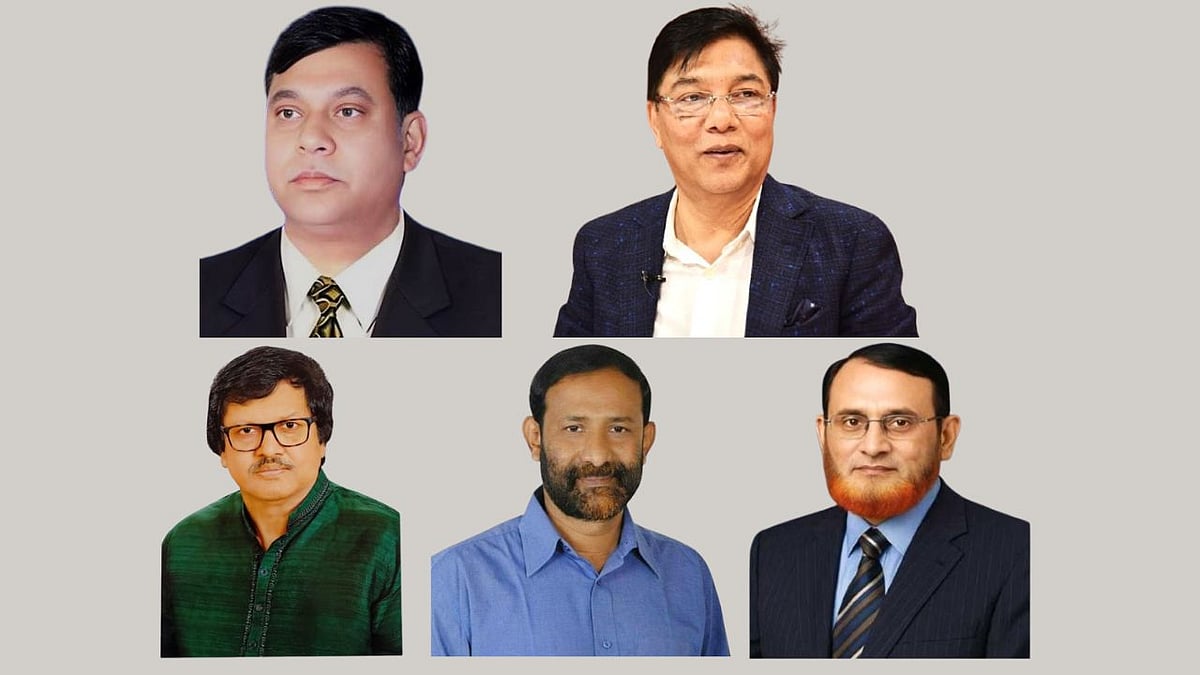 (ওপরে বাঁ থেকে) শাহ মো.ওয়ারেছ আলী, এম রশিদুজ্জামান, (নিচে বাঁ থেকে) মো. মোস্তাফিজুর রহমান, মো.ফরিদুল কবীর তালুকদার ও সুলতান মাহমুদ