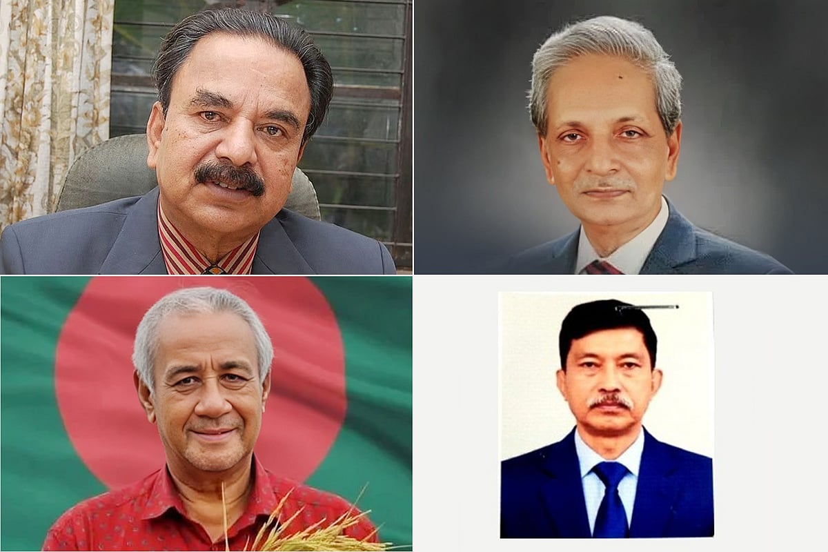 গয়েশ্বর চন্দ্র রায় (ওপরে বাঁয়ে), নিতাই রায় চৌধুরী, সাচিং প্রু (নিচে বাঁয়ে) ও দীপেন দেওয়ান