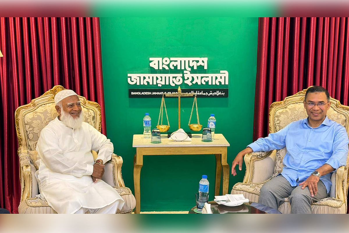 বিএনপির চেয়ারম্যান তারেক রহমান ও জামায়াতে ইসলামীর আমির শফিকুর রহমান। ঢাকা, ১৫ ফেব্রুয়ারি ২০২৬ 